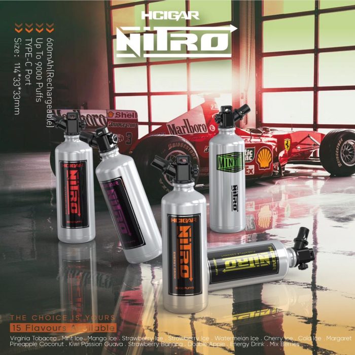 5 Nitro 9000puff Disposable vape showcased in front of a F1 car